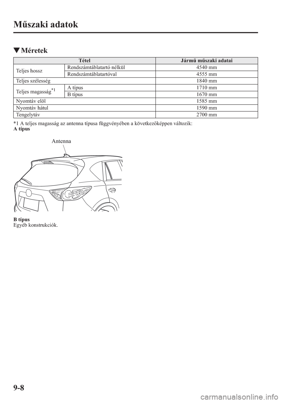 MAZDA MODEL CX-5 2013  Kezelési útmutató (in Hungarian) 9-8
Mszaki adatok
tMéretek
*1 A teljes magasság az antenna típusa függvényében a következképpen változik:
A típus
B típus
Egyéb konstrukciók.
TételJárm mszaki adatai
Teljes hosszRen