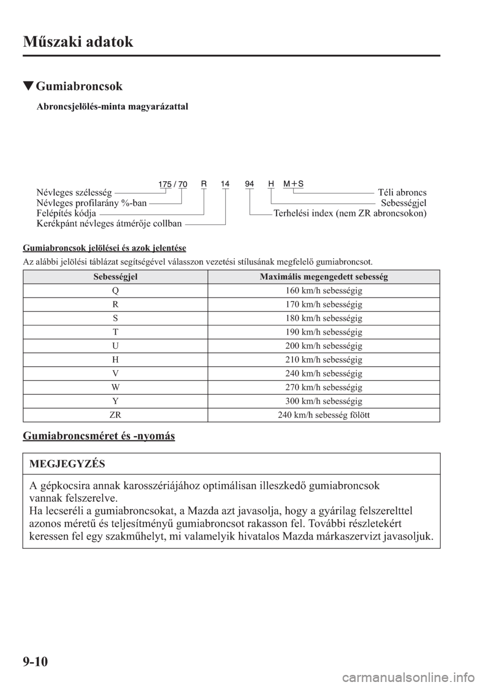 MAZDA MODEL CX-5 2013  Kezelési útmutató (in Hungarian) 9-10
Mszaki adatok
tGumiabroncsok
Gumiabroncsok jelölései és azok jelentése
Az alábbi jelölési táblázat segítségével válasszon vezetési stílusának megfelel gumiabroncsot.
Gumiabroncs