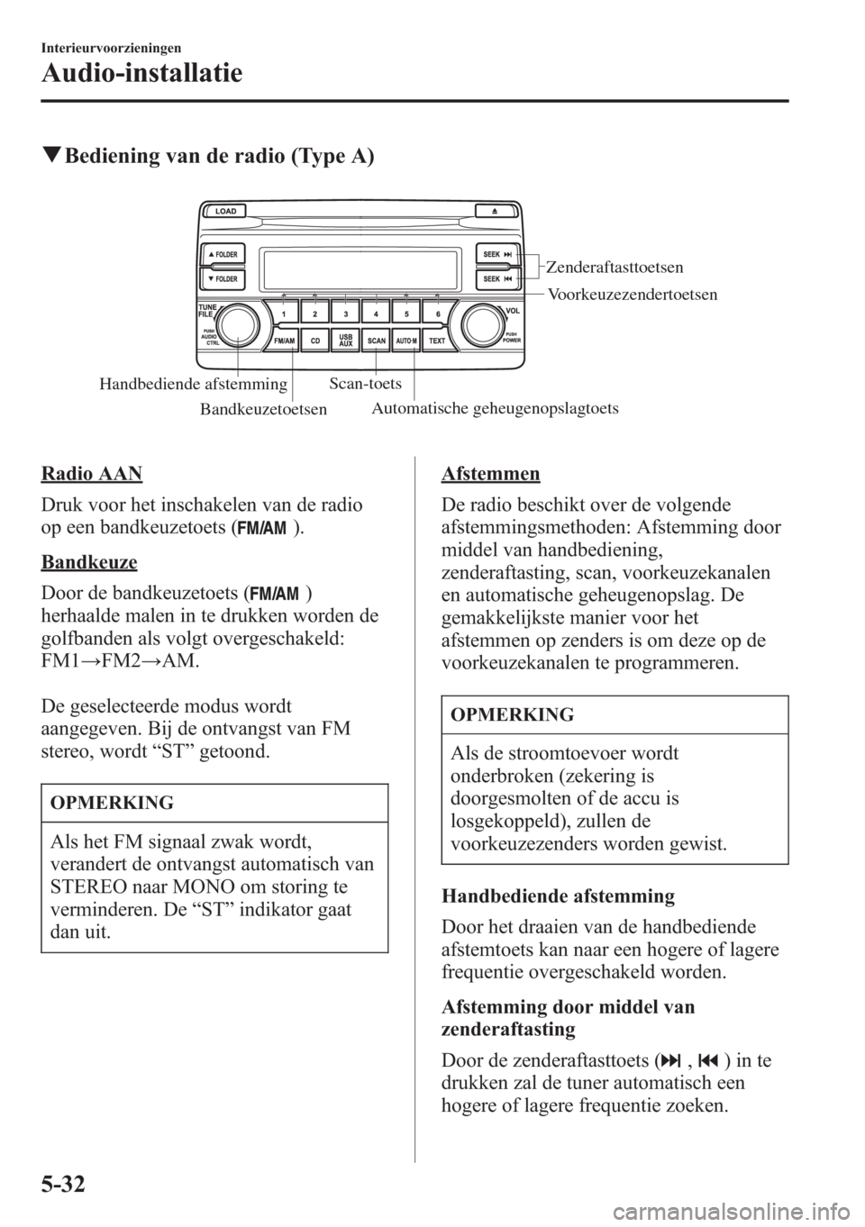 MAZDA MODEL CX-5 2013  Handleiding (in Dutch) qBediening van de radio (Type A)
Handbediende afstemmingScan-toets
BandkeuzetoetsenAutomatische geheugenopslagtoets
Zenderaftasttoetsen
Voorkeuzezendertoetsen
Radio AAN
Druk voor het inschakelen van d