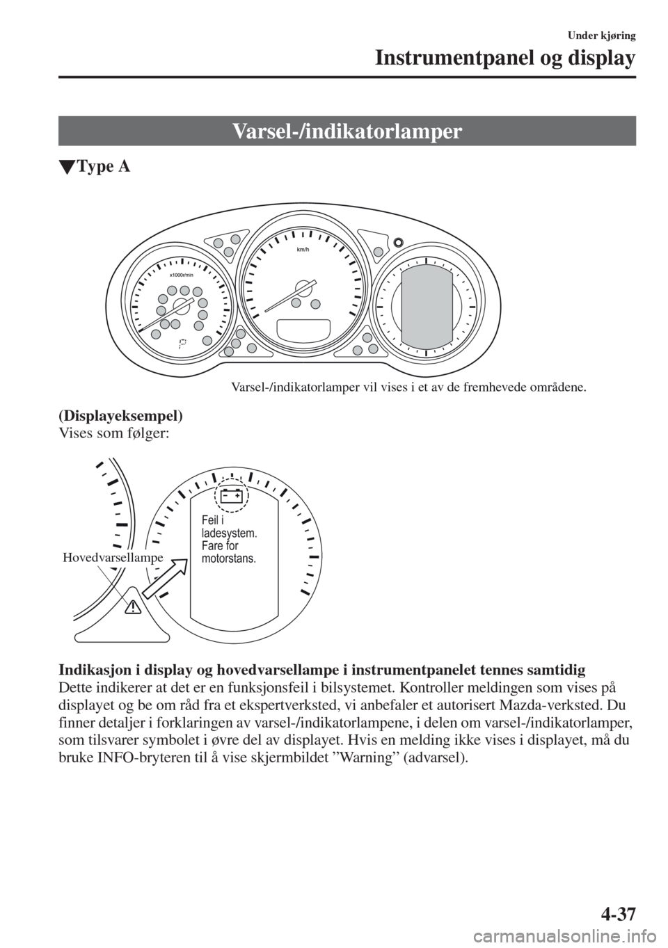 MAZDA MODEL CX-5 2013  Brukerhåndbok (in Norwegian) 4-37
Under kjøring
Instrumentpanel og display
tType A
(Displayeksempel)
Vises som følger:
Indikasjon i display og hovedvarsellampe i instrumentpanelet tennes samtidig
Dette indikerer at det er en fu