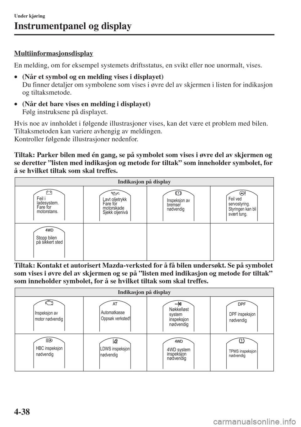 MAZDA MODEL CX-5 2013  Brukerhåndbok (in Norwegian) 4-38
Under kjøring
Instrumentpanel og display
Multiinformasjonsdisplay
En melding, om for eksempel systemets driftsstatus, en svikt eller noe unormalt, vises.
•(Når et symbol og en melding vises i