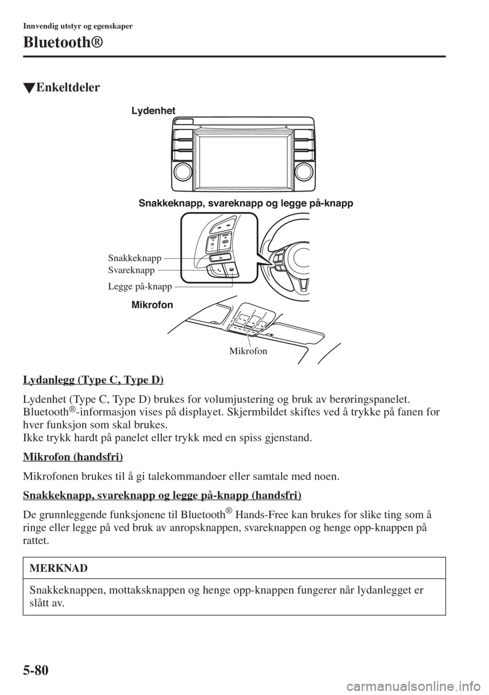 MAZDA MODEL CX-5 2013  Brukerhåndbok (in Norwegian) 5-80
Innvendig utstyr og egenskaper
Bluetooth®
tEnkeltdeler
Lydanlegg (Type C, Type D)
Lydenhet (Type C, Type D) brukes for volumjustering og bruk av berøringspanelet. 
Bluetooth®-informasjon vises