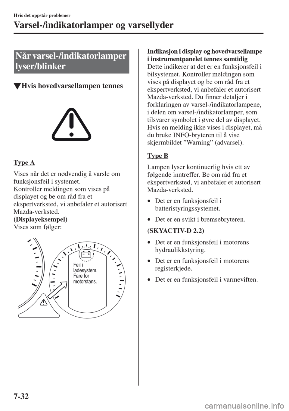 MAZDA MODEL CX-5 2013  Brukerhåndbok (in Norwegian) 7-32
Hvis det oppstår problemer
Varsel-/indikatorlamper og varsellyder
tHvis hovedvarsellampen tennes
Type A
Vises når det er nødvendig å varsle om 
funksjonsfeil i systemet.
Kontroller meldingen 
