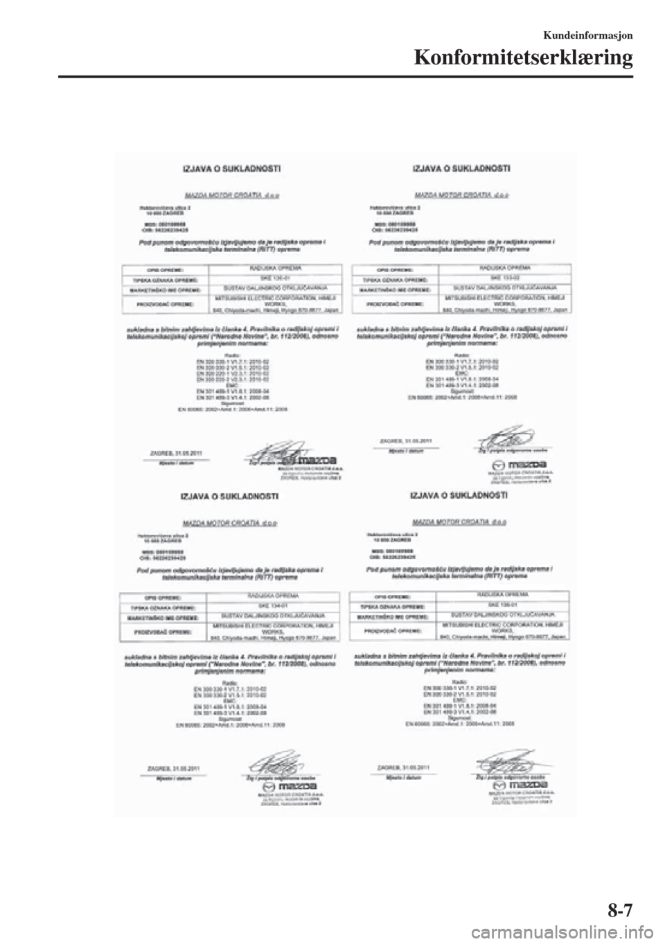 MAZDA MODEL CX-5 2013 Brukerhåndbok (in Norwegian) 8-7
Kundeinformasjon
Konformitetserklæring MAZDA MODEL CX-5 2013 Brukerhåndbok (in Norwegian) 8-7
Kundeinformasjon
Konformitetserklæring