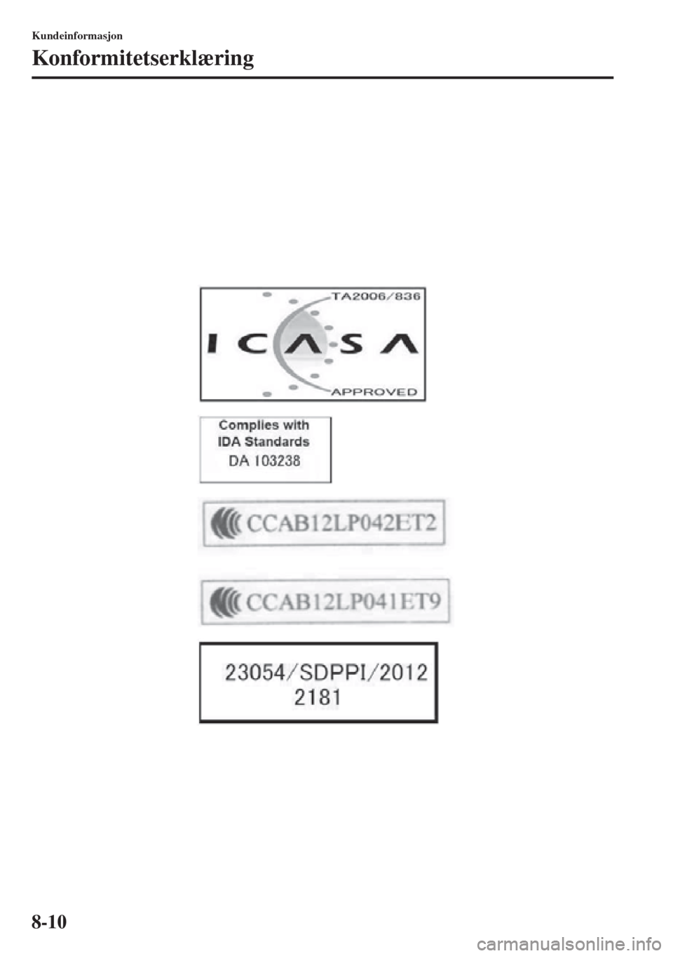 MAZDA MODEL CX-5 2013 Brukerhåndbok (in Norwegian) 8-10
Kundeinformasjon
Konformitetserklæring MAZDA MODEL CX-5 2013 Brukerhåndbok (in Norwegian) 8-10
Kundeinformasjon
Konformitetserklæring
