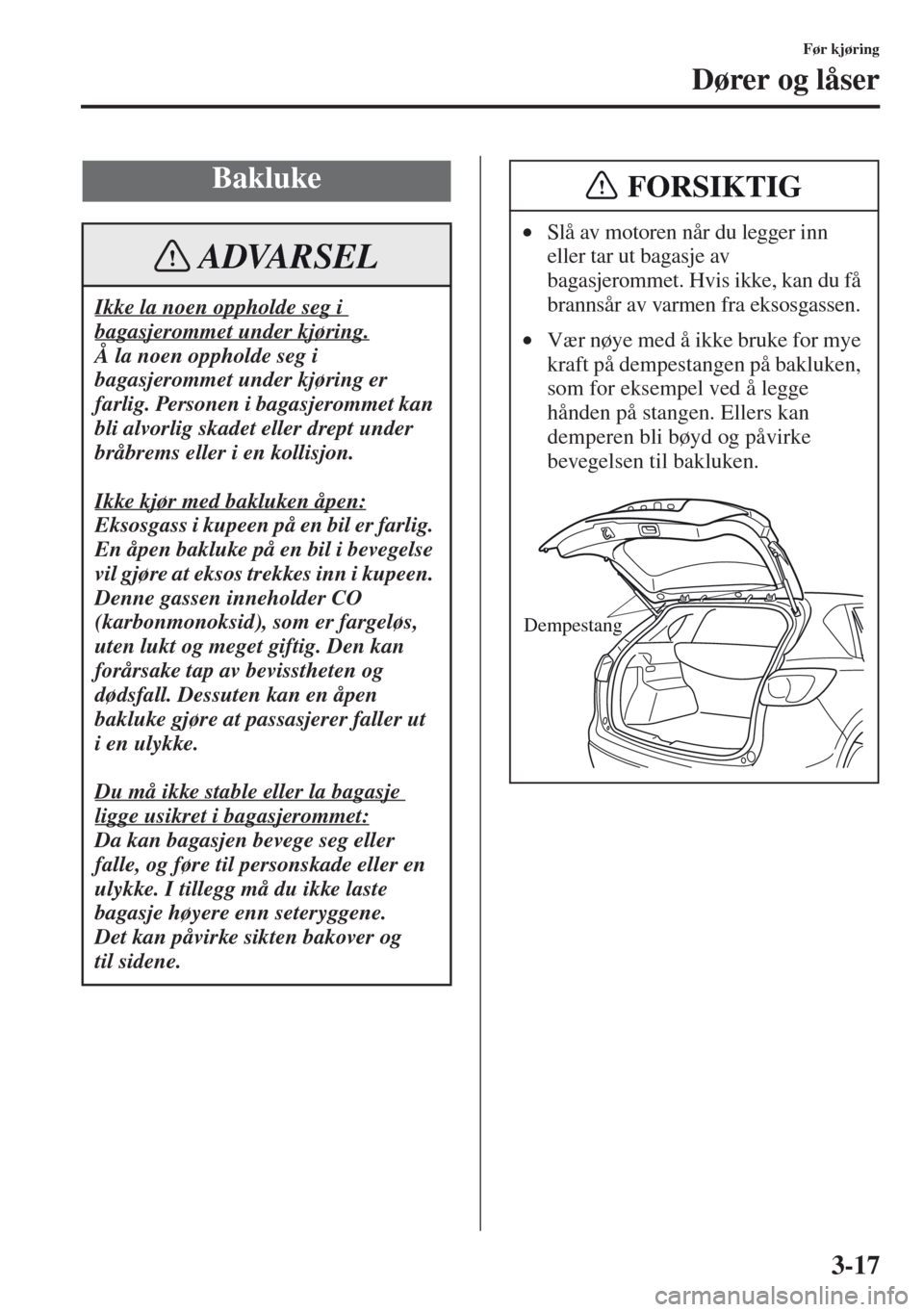 MAZDA MODEL CX-5 2013  Brukerhåndbok (in Norwegian) 3-17
Før kjøring
Dører og låser
Bakluke
Ikke la noen oppholde seg i 
bagasjerommet under kjøring.
Å la noen oppholde seg i 
bagasjerommet under kjøring er 
farlig. Personen i bagasjerommet kan 