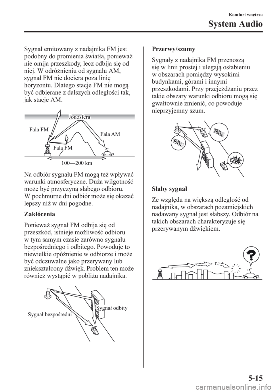 MAZDA MODEL CX-5 2013  Instrukcja Obsługi (in Polish) 5-15
Komfort wntrza
System Audio
Sygna emitowany z nadajnika FM jest 
podobny do promienia wiata, poniewa 
nie omija przeszkody, lecz odbija si od 
niej. W odrónieniu od sygnau AM, 
sygna FM