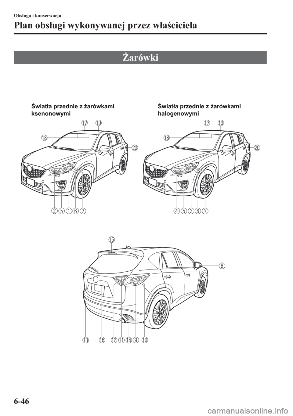 MAZDA MODEL CX-5 2013  Instrukcja Obsługi (in Polish) 6-46
Obsuga i konserwacja
Plan obsugi wykonywanej przez waciciela

arówki
Światła przednie z żarówkami 
ksenonowymiŚwiatła przednie z żarówkami 
halogenowymi 
