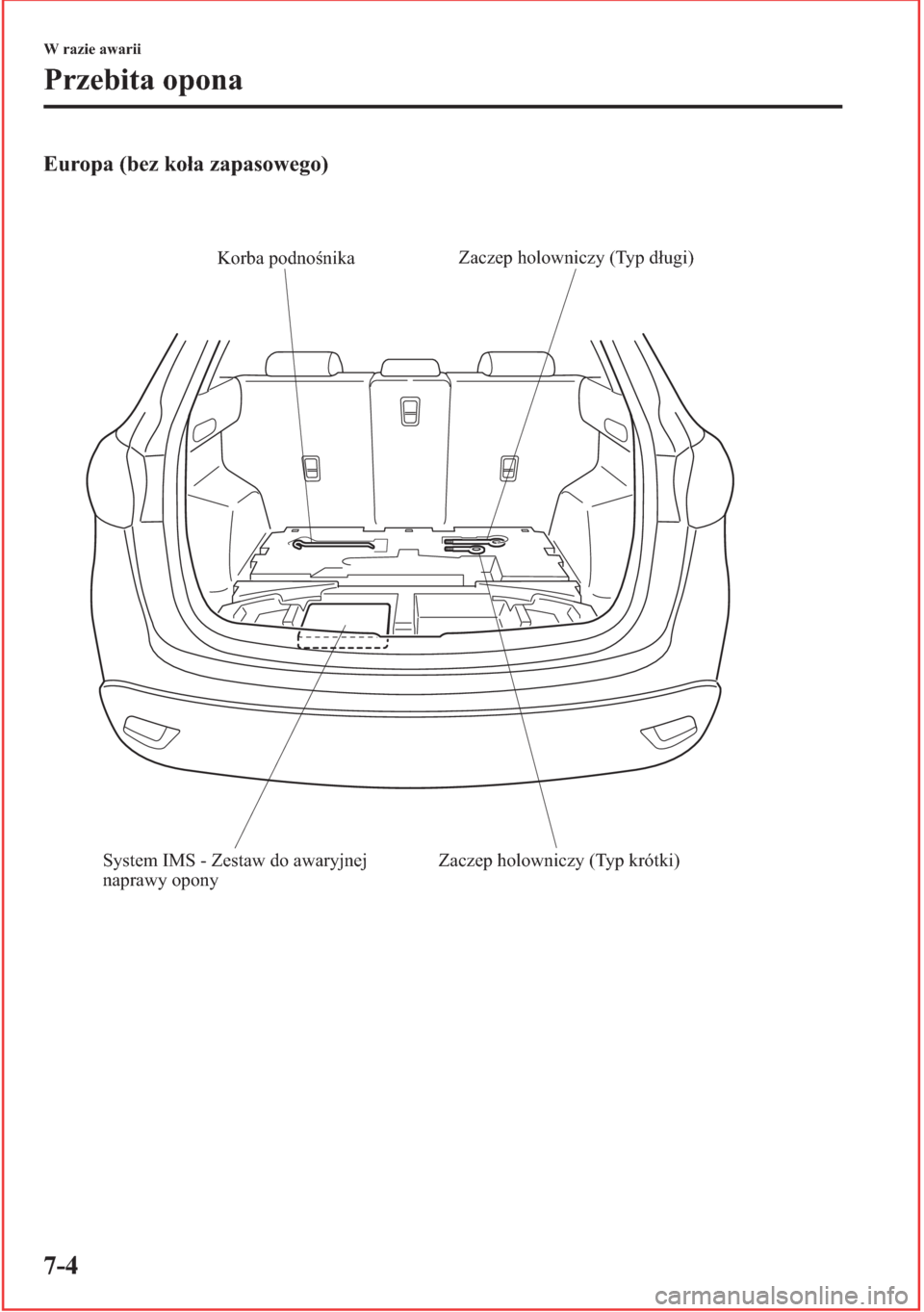 MAZDA MODEL CX-5 2013  Instrukcja Obsługi (in Polish) 7-4
W razie awarii
Przebita opona
Europa (bez koa zapasowego)
Korba podnośnikaZaczep holowniczy (Typ długi)
Zaczep holowniczy (Typ krótki) System IMS - Zestaw do awaryjnej 
naprawy opony 