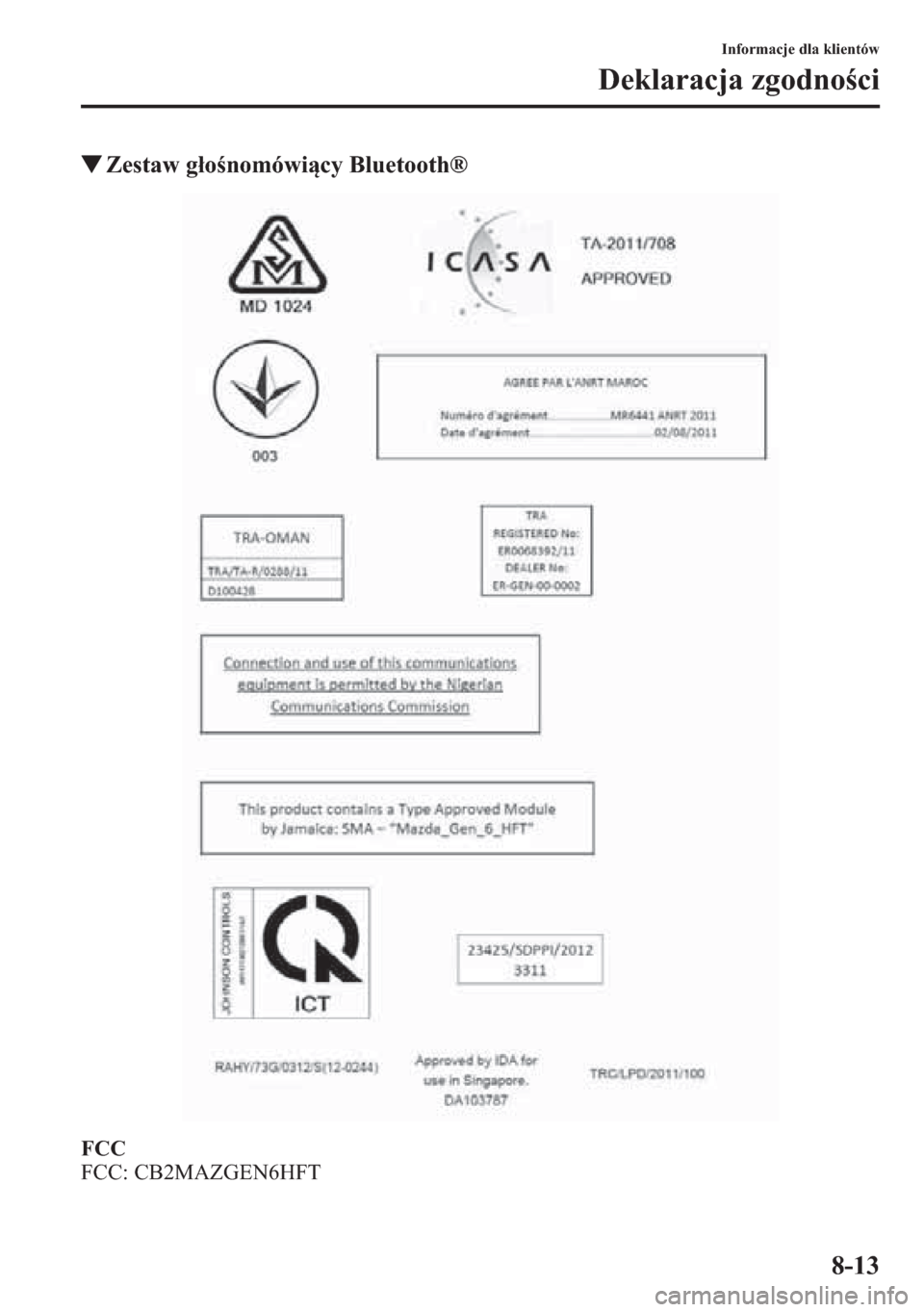 MAZDA MODEL CX-5 2013  Instrukcja Obsługi (in Polish) 8-13
Informacje dla klientów
Deklaracja zgodnoci
tZestaw gonomówicy Bluetooth®
FCC
FCC: CB2MAZGEN6HFT 