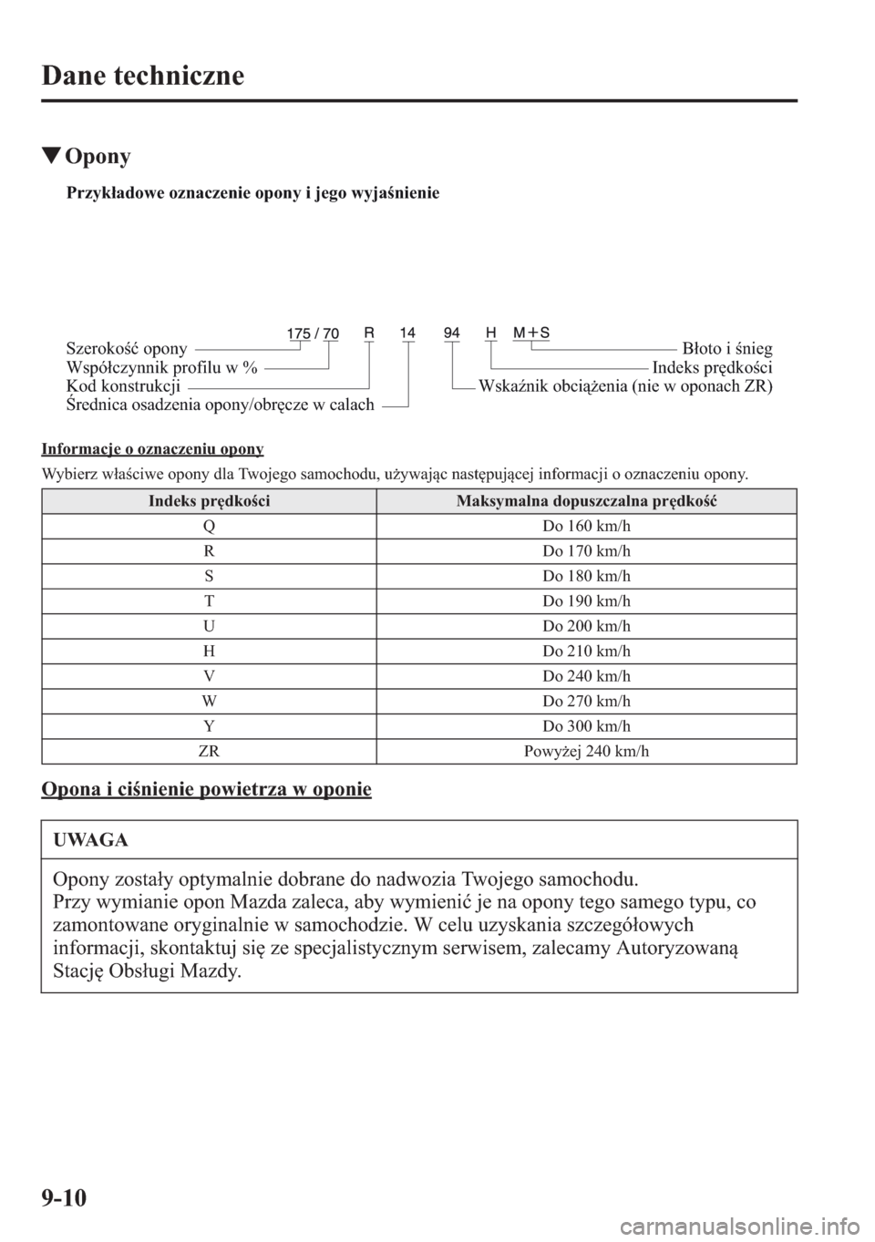 MAZDA MODEL CX-5 2013  Instrukcja Obsługi (in Polish) 9-10
Dane techniczne
tOpony
Informacje o oznaczeniu opony
Wybierz waciwe opony dla Twojego samochodu, uywajc nastpujcej informacji o oznaczeniu opony.
Opona i cinienie powietrza w oponie
Indeks