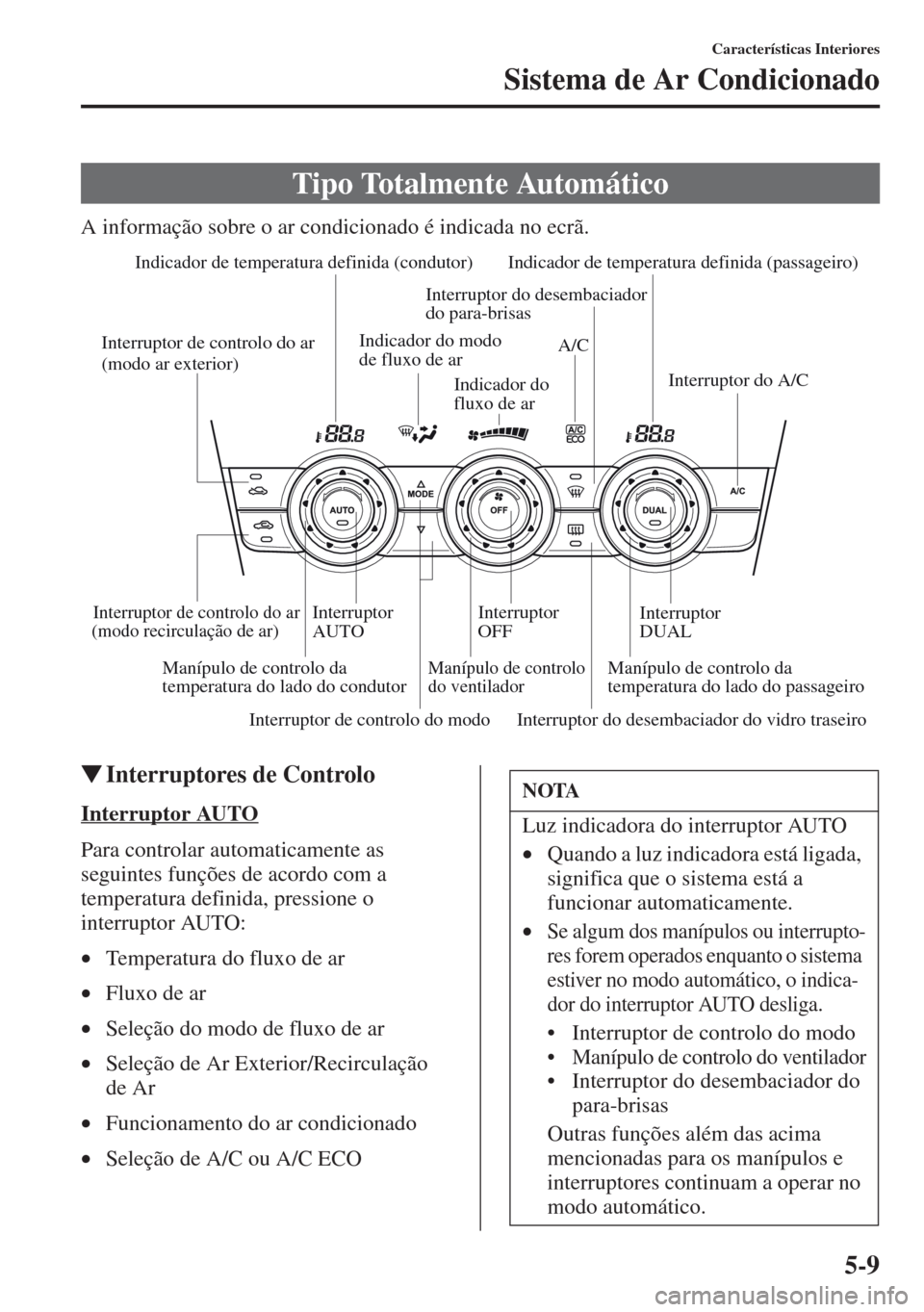 MAZDA MODEL CX-5 2013  Manual do proprietário (in Portuguese) 5-9
Características Interiores
Sistema de Ar Condicionado
A informação sobre o ar condicionado é indicada no ecrã.
Interruptores de Controlo
Interruptor AUTO
Para controlar automaticamente as 
s