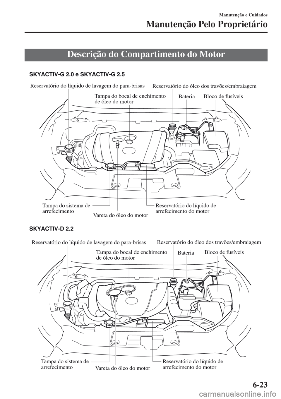 MAZDA MODEL CX-5 2013  Manual do proprietário (in Portuguese) 6-23
Manutenção e Cuidados
Manutenção Pelo Proprietário
Descrição do Compartimento do Motor
Reservatório do líquido de lavagem do para-brisas
Tampa do bocal de enchimento 
de óleo do motorRe