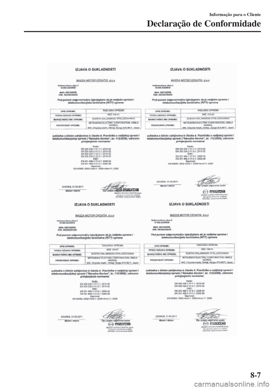 MAZDA MODEL CX-5 2013  Manual do proprietário (in Portuguese) 8-7
Informação para o Cliente
Declaração de Conformidade 