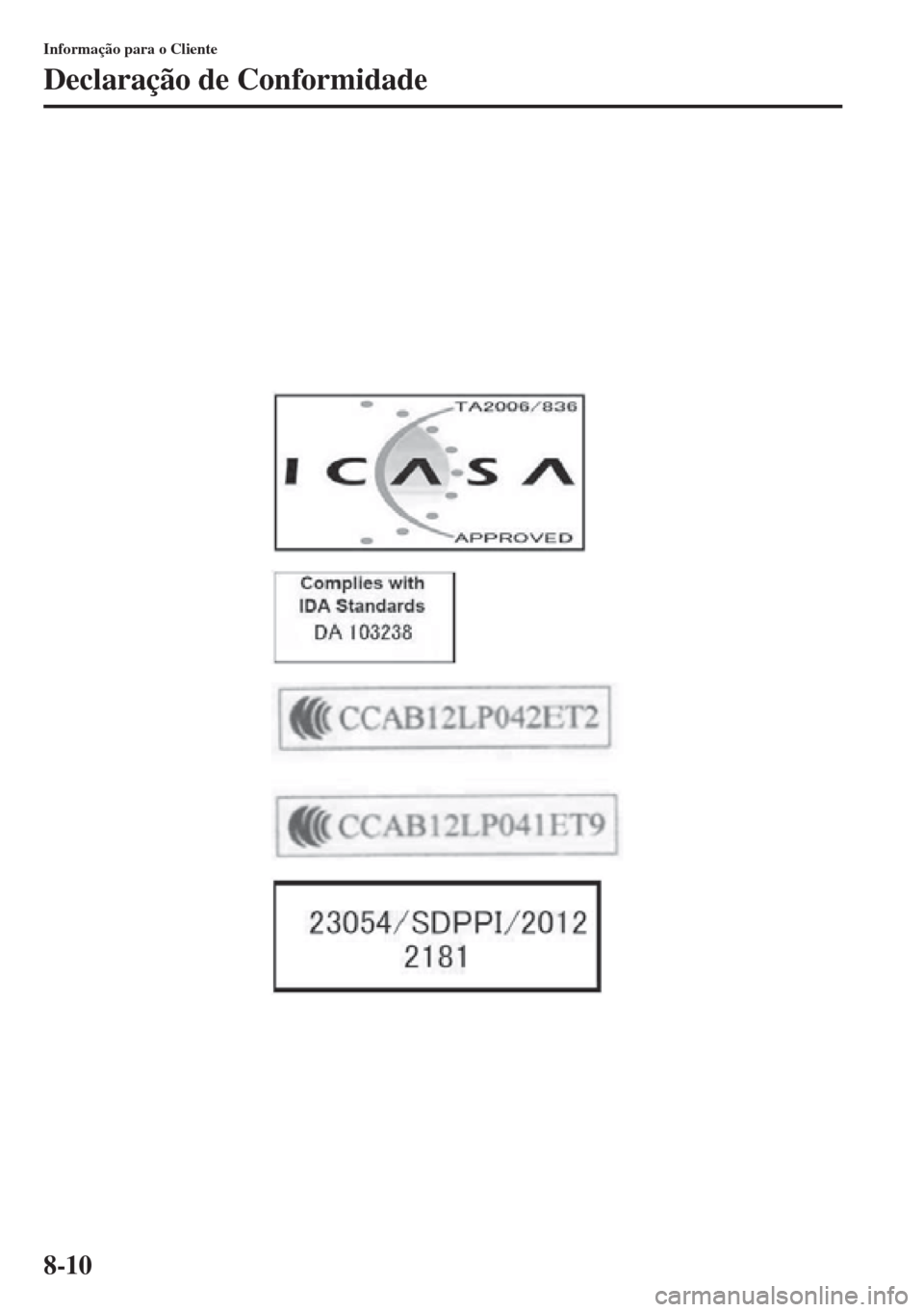 MAZDA MODEL CX-5 2013  Manual do proprietário (in Portuguese) 8-10
Informação para o Cliente
Declaração de Conformidade 