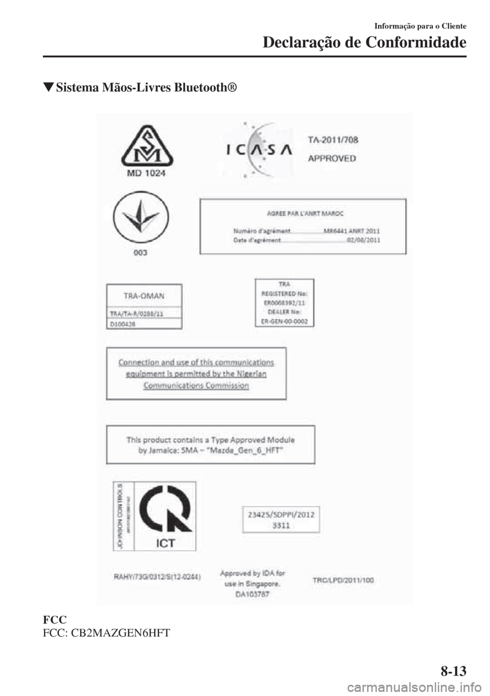 MAZDA MODEL CX-5 2013  Manual do proprietário (in Portuguese) 8-13
Informação para o Cliente
Declaração de Conformidade
Sistema Mãos-Livres Bluetooth®
FCC
FCC: CB2MAZGEN6HFT 