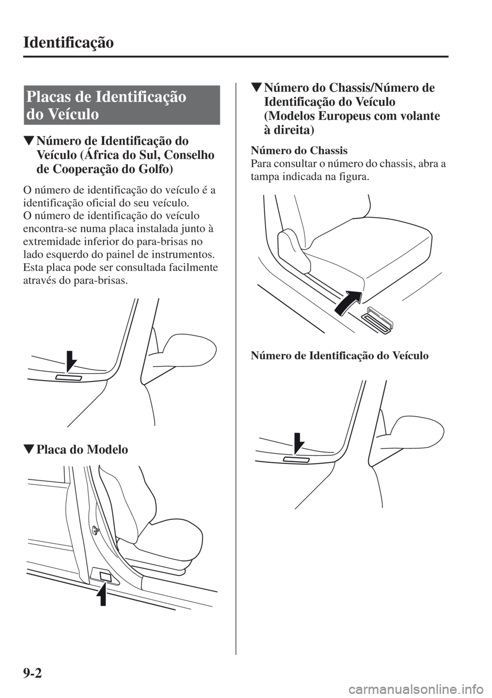 MAZDA MODEL CX-5 2013  Manual do proprietário (in Portuguese) 9-2
Identificação
Número de Identificação do 
Veículo (África do Sul, Conselho 
de Cooperação do Golfo)
O número de identificação do veículo é a 
identificação oficial do seu veículo