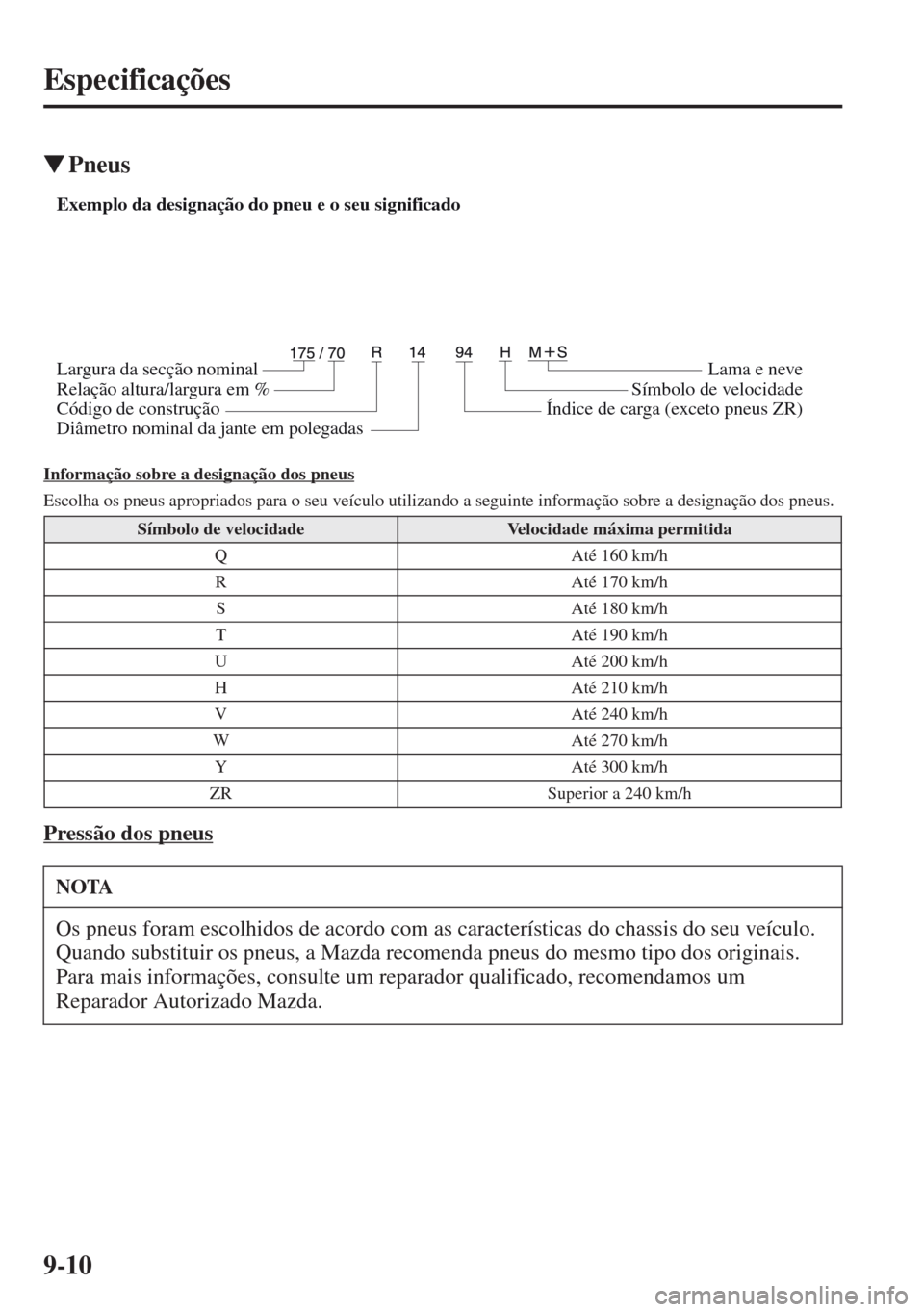 MAZDA MODEL CX-5 2013  Manual do proprietário (in Portuguese) 9-10
Especificações
Pneus
Informação sobre a designação dos pneus
Escolha os pneus apropriados para o seu veículo utilizando a seguinte informação sobre a designação dos pneus.
Pressão do