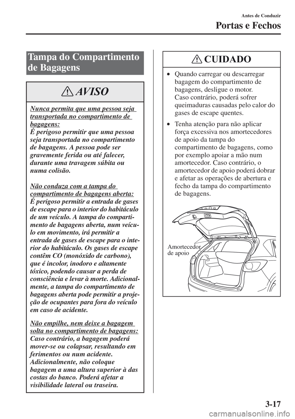 MAZDA MODEL CX-5 2013  Manual do proprietário (in Portuguese) 3-17
Antes de Conduzir
Portas e Fechos
Tampa do Compartimento 
de Bagagens
Nunca permita que uma pessoa seja 
transportada no compartimento de 
bagagens:
É perigoso permitir que uma pessoa 
seja tran