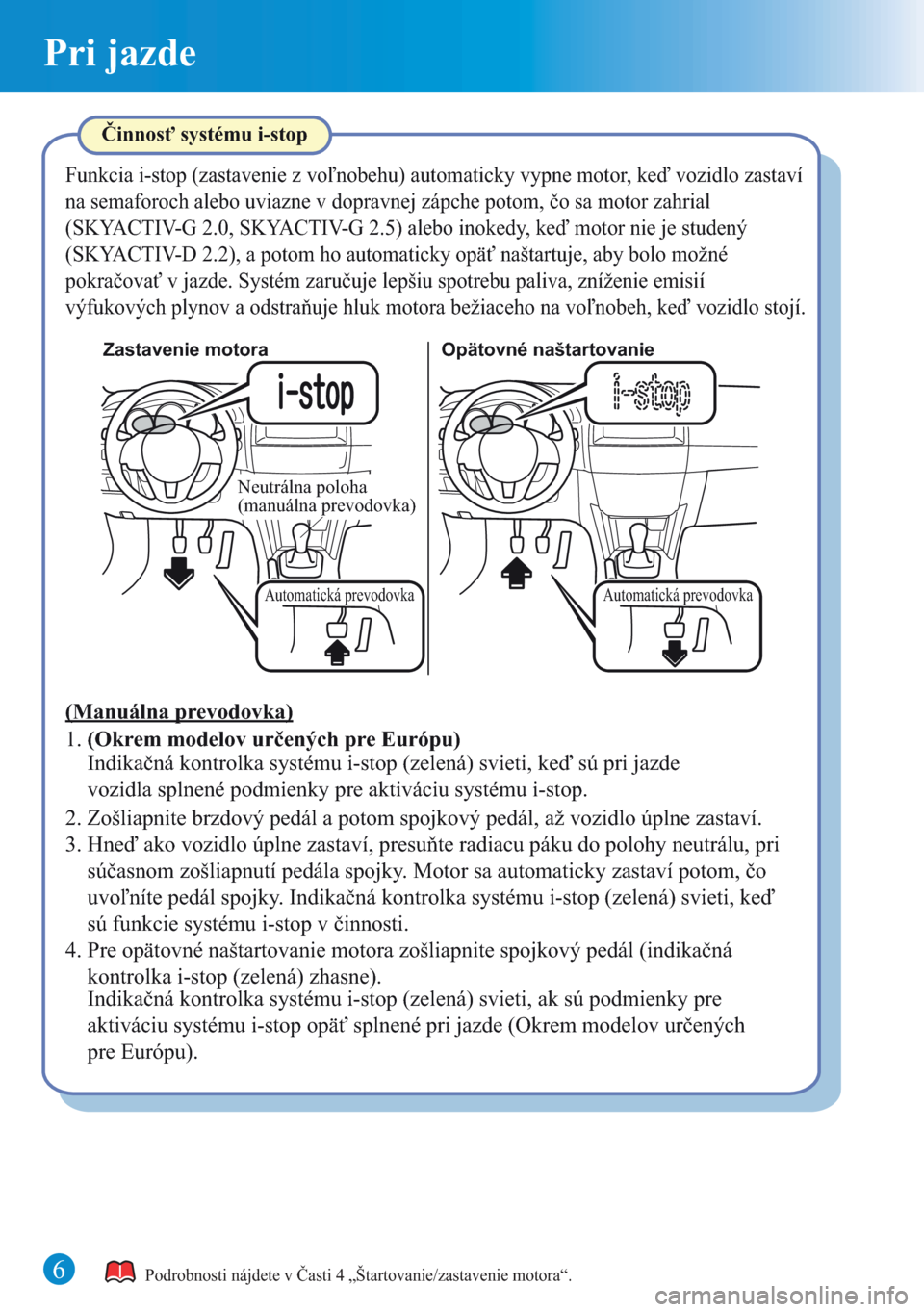 MAZDA MODEL CX-5 2013   Rýchly sprievodca (in Slovak) 6
Pri jazde
Zastavenie motora Opätovné naštartovanie
Neutrálna poloha 
(manuálna prevodovka)
Automatická prevodovka
Automatická prevodovka
Podrobnosti nájdete v Časti 4 „Štartovanie/zastav