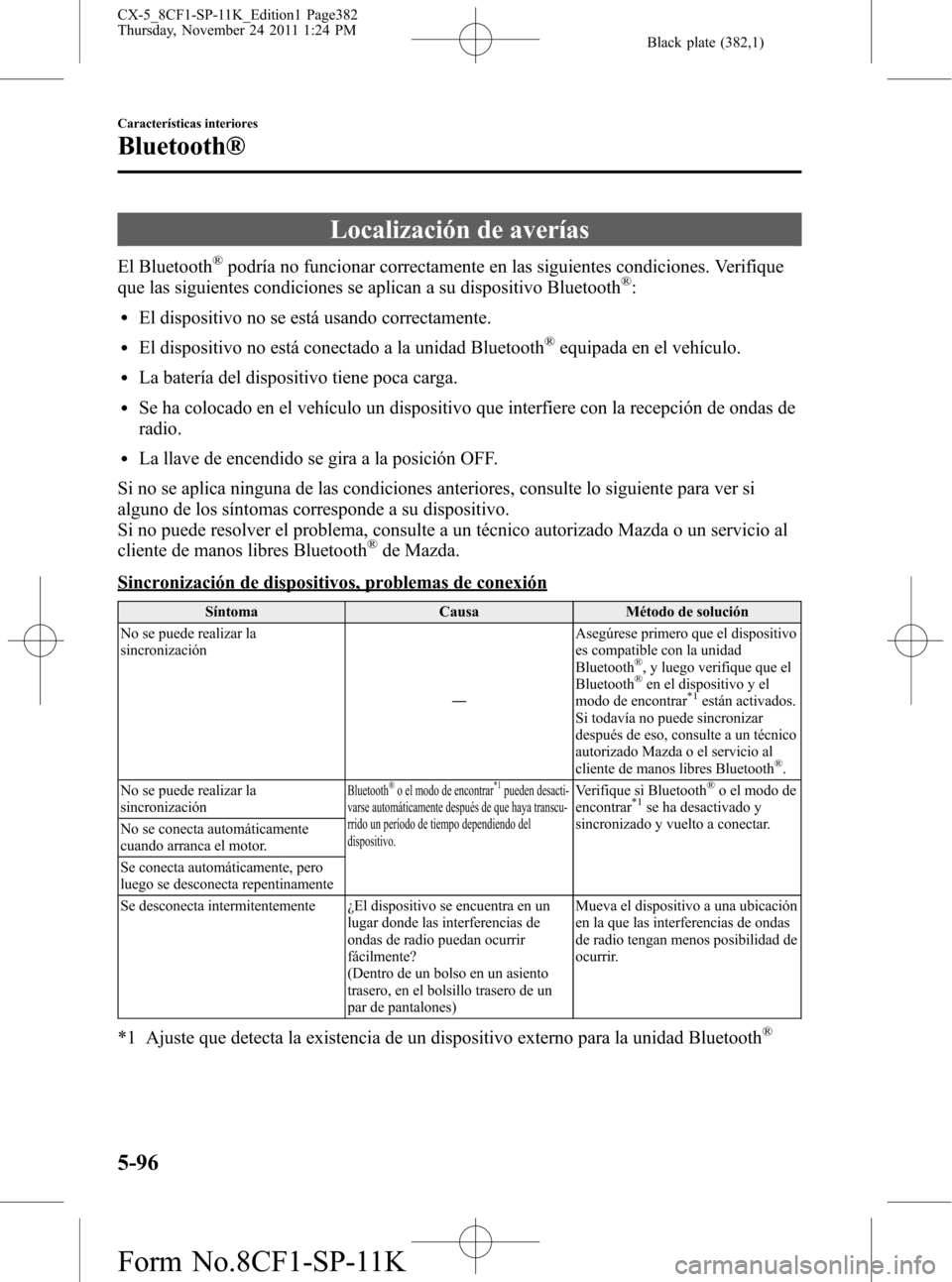 MAZDA MODEL CX-5 2012 Manual del propietario (in Spanish) Black plate (382,1)
Localización de averías
El Bluetooth®podría no funcionar correctamente en las siguientes condiciones. Verifique
que las siguientes condiciones se aplican a su dispositivo Bluet MAZDA MODEL CX-5 2012 Manual del propietario (in Spanish) Black plate (382,1)
Localización de averías
El Bluetooth®podría no funcionar correctamente en las siguientes condiciones. Verifique
que las siguientes condiciones se aplican a su dispositivo Bluet