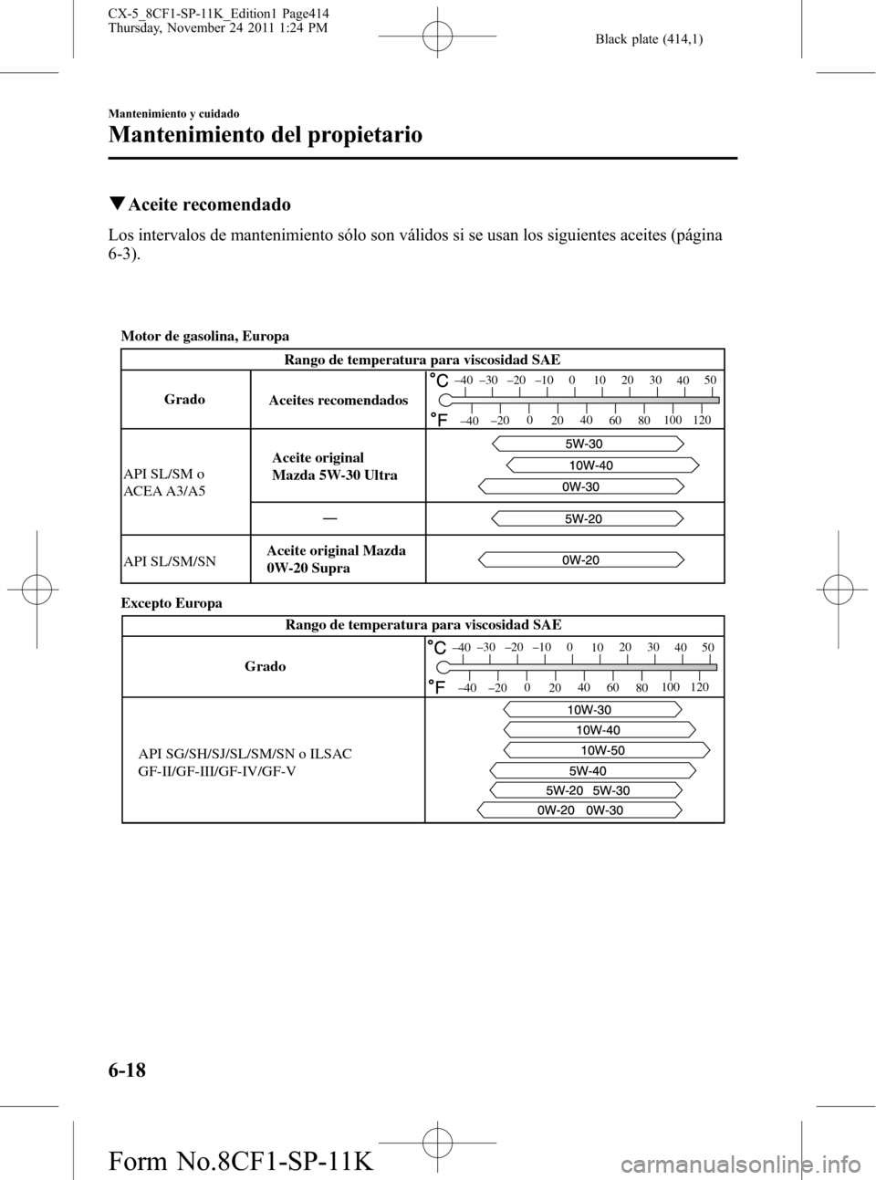 MAZDA MODEL CX-5 2012  Manual del propietario (in Spanish)  Black plate (414,1)
qAceite recomendado
Los intervalos de mantenimiento sólo son válidos si se usan los siguientes aceites (página
6-3).
GradoRango de temperatura para viscosidad SAE
Aceites recome