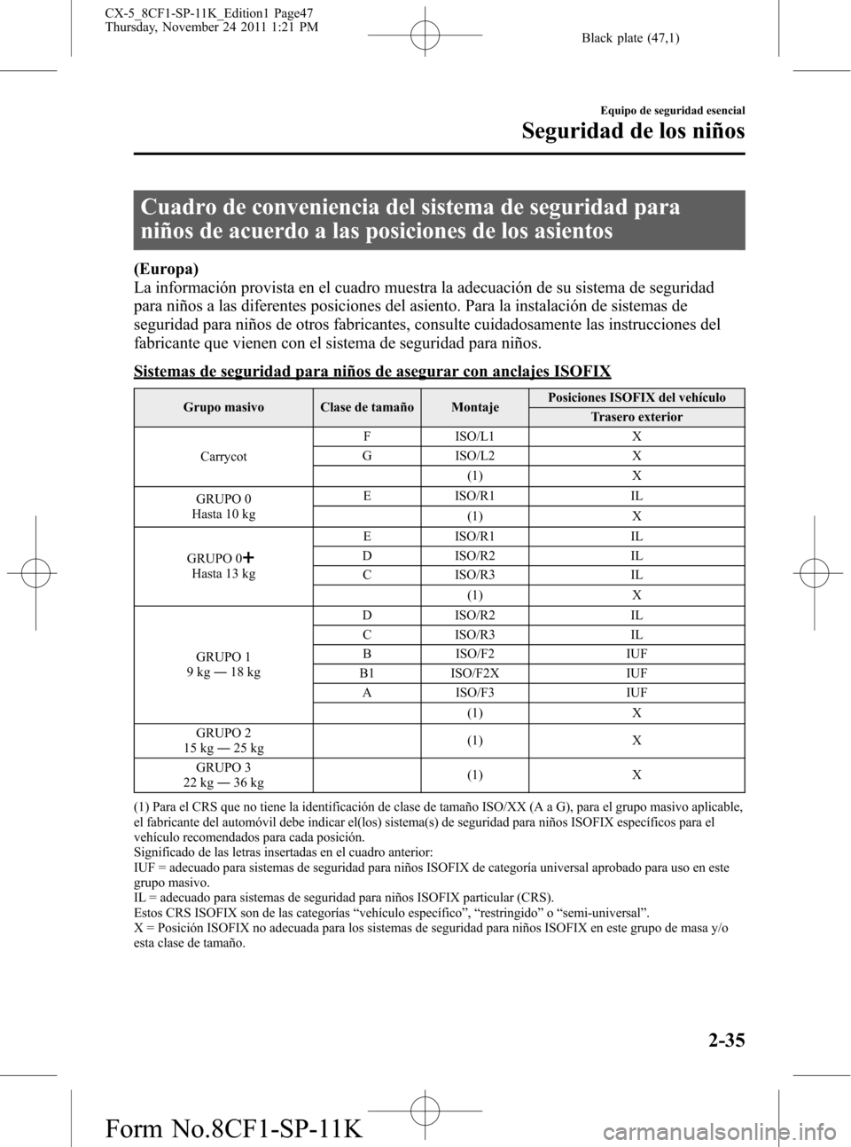 MAZDA MODEL CX-5 2012 Manual del propietario (in Spanish) Black plate (47,1)
Cuadro de conveniencia del sistema de seguridad para
niños de acuerdo a las posiciones de los asientos
(Europa)
La información provista en el cuadro muestra la adecuación de su s MAZDA MODEL CX-5 2012 Manual del propietario (in Spanish) Black plate (47,1)
Cuadro de conveniencia del sistema de seguridad para
niños de acuerdo a las posiciones de los asientos
(Europa)
La información provista en el cuadro muestra la adecuación de su s