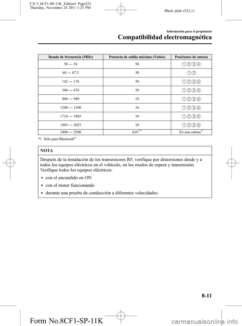 MAZDA MODEL CX-5 2012 Manual del propietario (in Spanish) Black plate (523,1)
Banda de frecuencia (MHz) Potencia de salida máxima (Vatios) Posiciones de antena
50―54 50
68―87,5 50
142―176 50
380―470 50
806―940 10
1200―1300 10
1710―1885 10
1885 MAZDA MODEL CX-5 2012 Manual del propietario (in Spanish) Black plate (523,1)
Banda de frecuencia (MHz) Potencia de salida máxima (Vatios) Posiciones de antena
50―54 50
68―87,5 50
142―176 50
380―470 50
806―940 10
1200―1300 10
1710―1885 10
1885