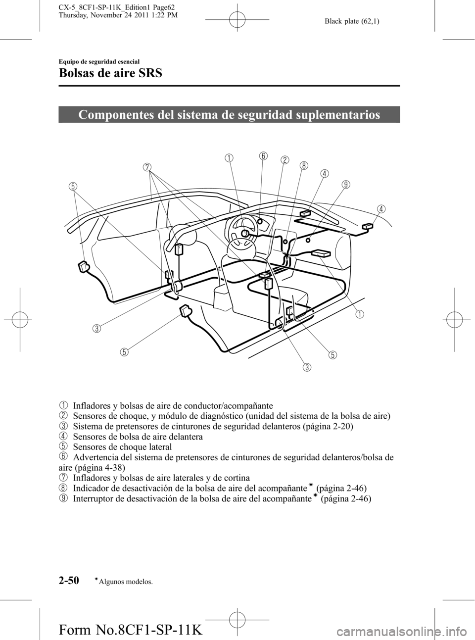 MAZDA MODEL CX-5 2012 Manual del propietario (in Spanish) Black plate (62,1)
Componentes del sistema de seguridad suplementarios
Infladores y bolsas de aire de conductor/acompañante
Sensores de choque, y módulo de diagnóstico (unidad del sistema de la bol MAZDA MODEL CX-5 2012 Manual del propietario (in Spanish) Black plate (62,1)
Componentes del sistema de seguridad suplementarios
Infladores y bolsas de aire de conductor/acompañante
Sensores de choque, y módulo de diagnóstico (unidad del sistema de la bol