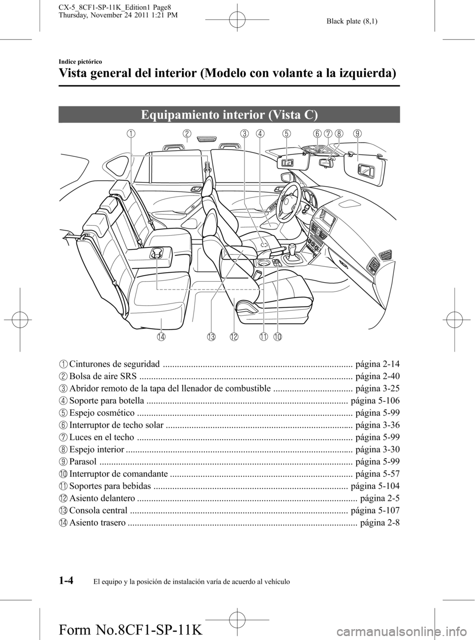 MAZDA MODEL CX-5 2012  Manual del propietario (in Spanish)  Black plate (8,1)
Equipamiento interior (Vista C)
Cinturones de seguridad ................................................................................. página 2-14
Bolsa de aire SRS .............