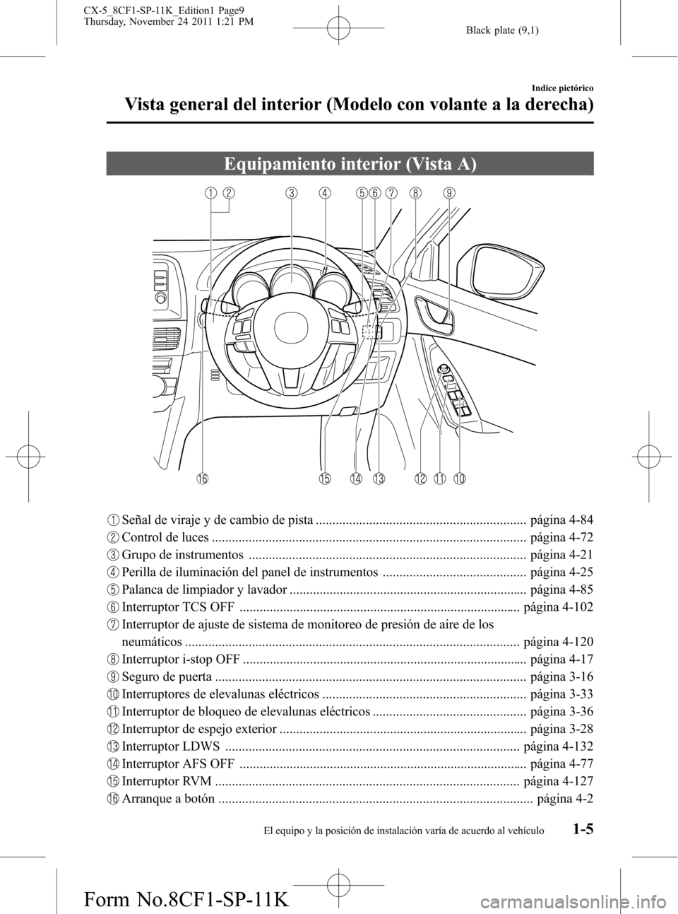 MAZDA MODEL CX-5 2012  Manual del propietario (in Spanish)  Black plate (9,1)
Equipamiento interior (Vista A)
Señal de viraje y de cambio de pista ............................................................... página 4-84
Control de luces ..................