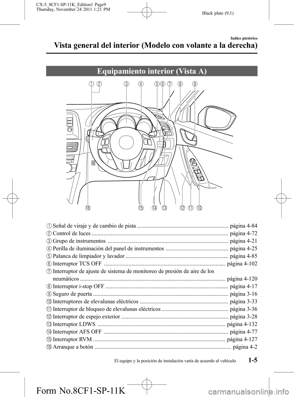 MAZDA MODEL CX-5 2012 Manual del propietario (in Spanish) Black plate (9,1)
Equipamiento interior (Vista A)
Señal de viraje y de cambio de pista ............................................................... página 4-84
Control de luces .................. MAZDA MODEL CX-5 2012 Manual del propietario (in Spanish) Black plate (9,1)
Equipamiento interior (Vista A)
Señal de viraje y de cambio de pista ............................................................... página 4-84
Control de luces ..................