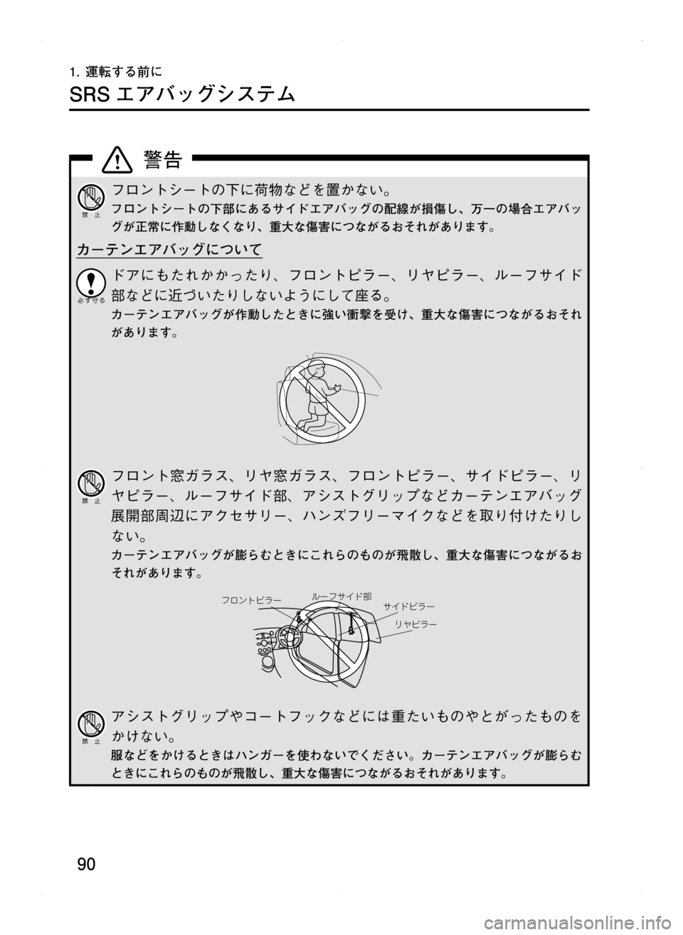 MAZDA MODEL CX-5 2012  取扱説明書 (in Japanese) 90
1.	運転する前に
SRS エアバッグシステム
フロントシートの下に荷物などを置かない。
フロントシートの下部にあるサイドエアバッグの配線が損傷