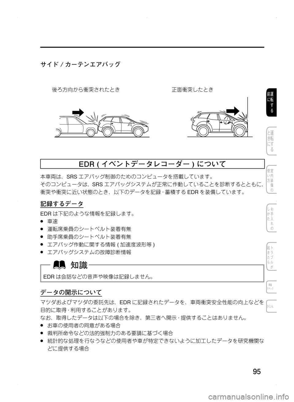 MAZDA MODEL CX-5 2012  取扱説明書 (in Japanese) 95
サイド / カーテンエアバッグ
™–M²T’	¿¥^•hqV
YØ	¿¥`hqV
EDR	( イベントデータレコーダー )	について
本車両は､SRSエアバッグ制御の
