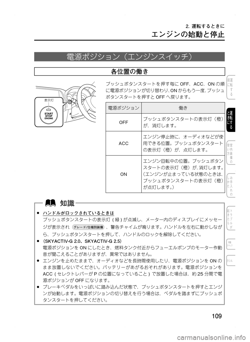 MAZDA MODEL CX-5 2012  取扱説明書 (in Japanese) 109
エンジンの始動と停止
電源ポジション（エンジンスイッチ）
各位置の働き
表示灯
プッシュボタンスタートを押す毎にOFF､ACC､ ONの順
に電源ポ