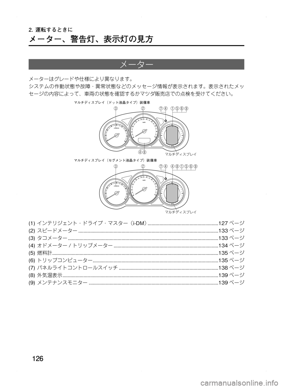 MAZDA MODEL CX-5 2012 取扱説明書 (in Japanese) 126
メーター、 警告灯、 表示灯の見方
メーター
メーターはグレードや仕様により異なります。
システムの作動状態や故障 ・ 異常状態などのメッセ MAZDA MODEL CX-5 2012 取扱説明書 (in Japanese) 126
メーター、 警告灯、 表示灯の見方
メーター
メーターはグレードや仕様により異なります。
システムの作動状態や故障 ・ 異常状態などのメッセ