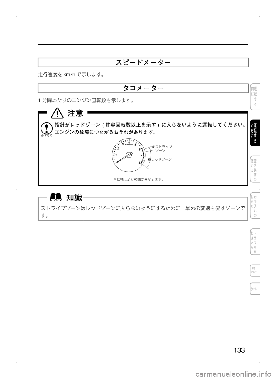 MAZDA MODEL CX-5 2012  取扱説明書 (in Japanese) 133
スピードメーター
走行速度をkm/hで示します。
タコメーター
1分間あたりのエンジン回転数を示します。
指針がレッドゾーン 	( 許容回転数以上を