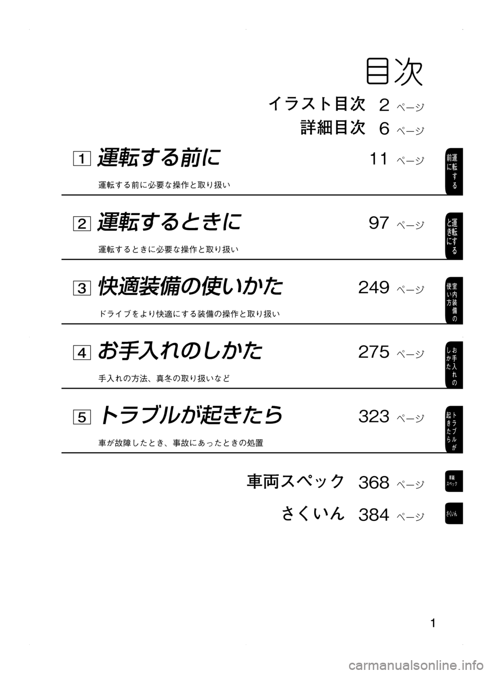 MAZDA MODEL CX-5 2012  取扱説明書 (in Japanese) 1
	さくいん	384	ページ
	車両スペック	368	ページ
5	トラブルが起きたら	323	ページ
車が故障したとき､ 事故にあったときの処置
4	お手入れのしかた	275