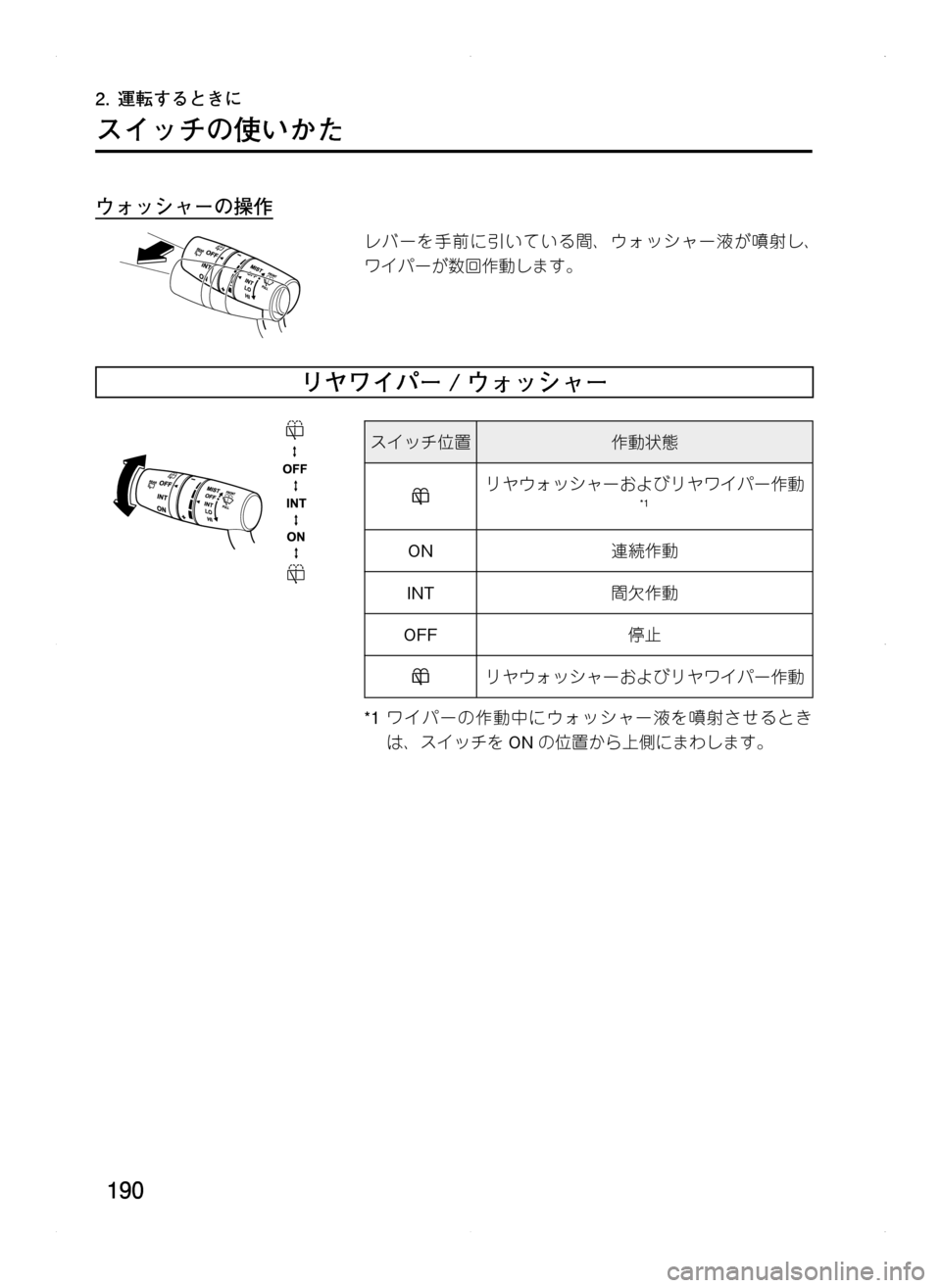 MAZDA MODEL CX-5 2012  取扱説明書 (in Japanese) 190
2.	運転するときに
スイッチの使いかた
ウォッシャーの操作
レバーを手前に引いている間､ ウォッシャー液が噴射し､
ワイパーが数回作動しま