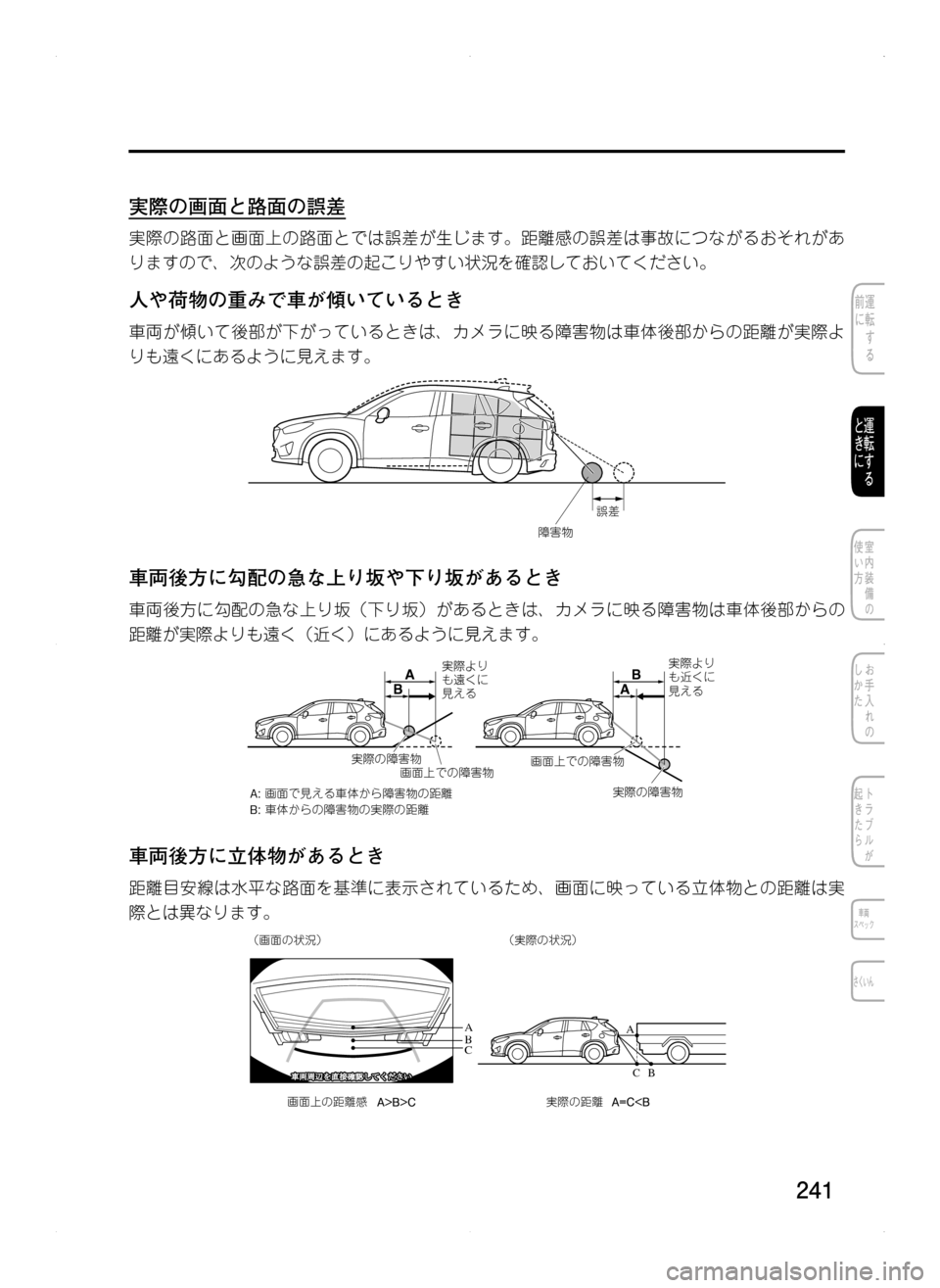 MAZDA MODEL CX-5 2012  取扱説明書 (in Japanese) 241
実際の画面と路面の誤差
実際の路面と画面上の路面とでは誤差が生じます。距離感の誤差は事故につながるおそれがあ
りますので､ 次のような