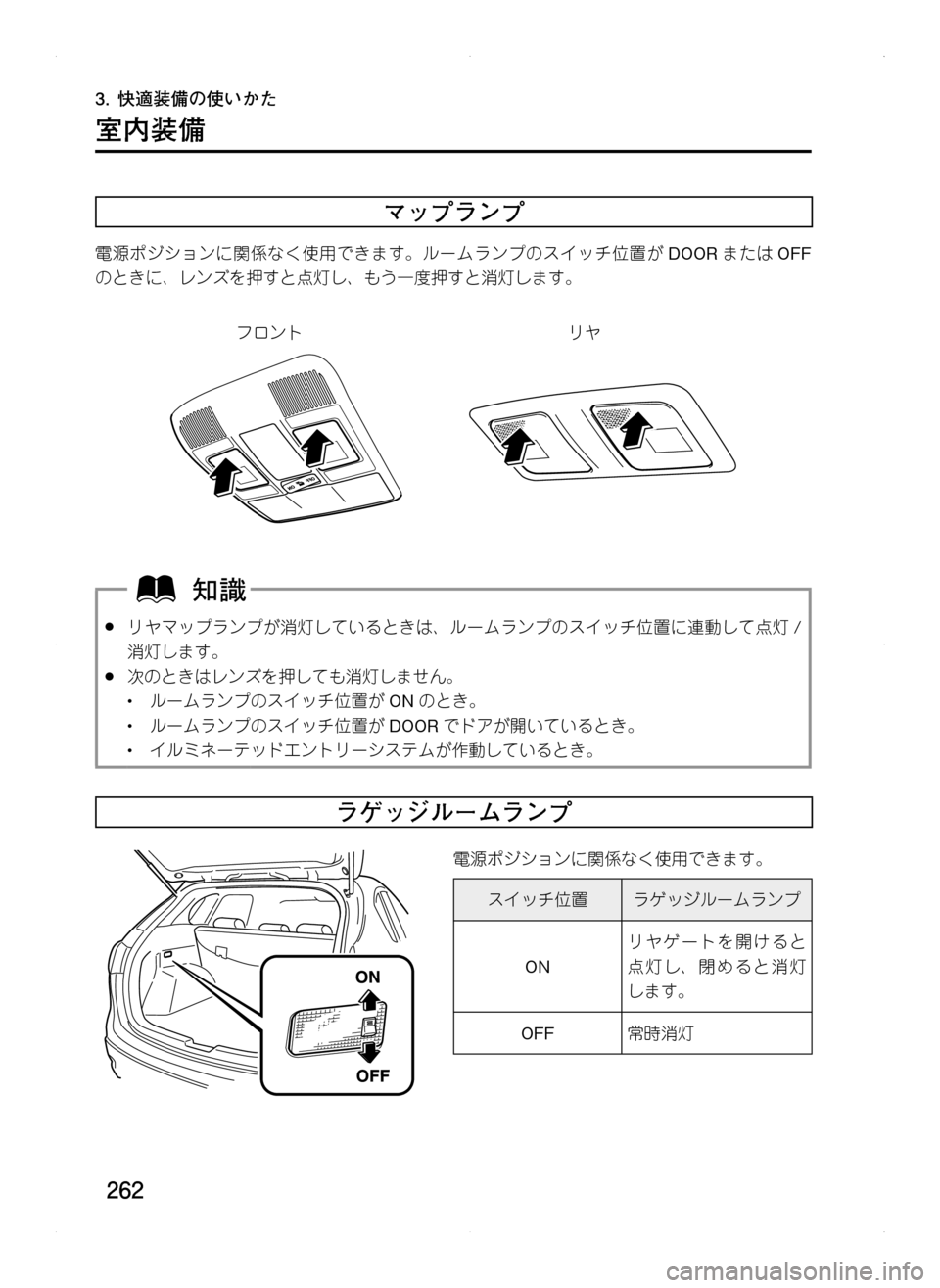 MAZDA MODEL CX-5 2012  取扱説明書 (in Japanese) 262
3.	快適装備の使いかた
室内装備
マップランプ
電源ポジションに関係なく使用できます。ルームランプのスイッチ位置がDOORまたは OFF
のときに､ 