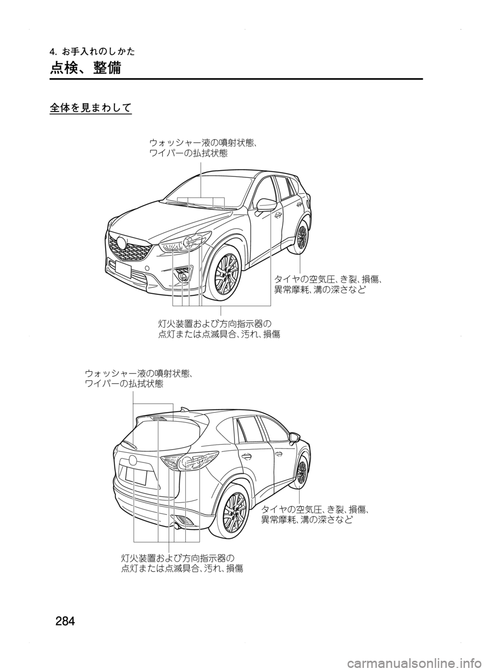 MAZDA MODEL CX-5 2012  取扱説明書 (in Japanese) 284
4.	お手入れのしかた
点検､ 整備
全体を見まわして
¢¥¿³ß”÷w
þù	Ý6J�ç
ë Í”w
÷	ç	Ý6¢¥¿³ß”÷w
þù	Ý6J�ç
ë Í”w
÷