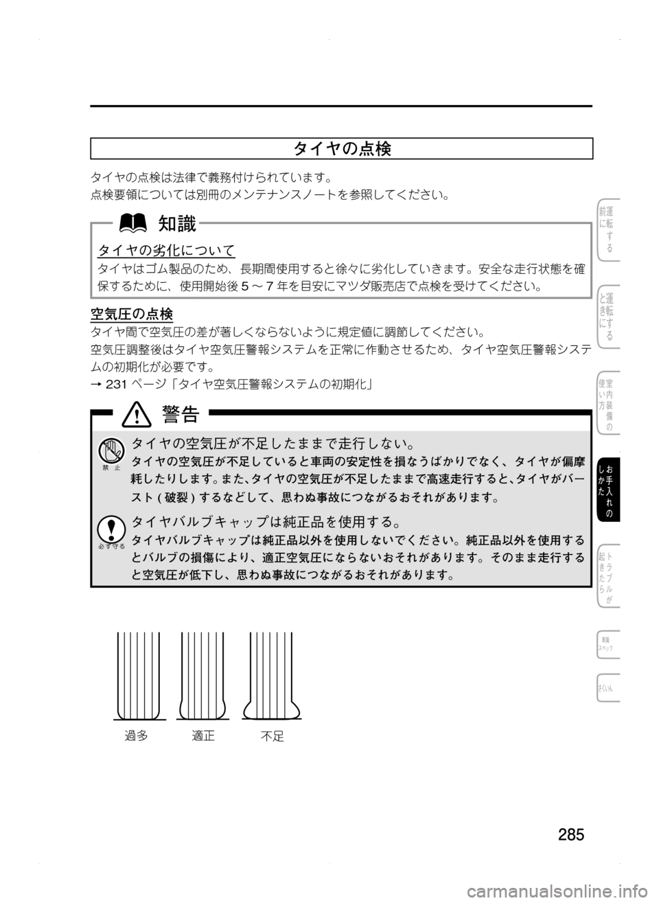 MAZDA MODEL CX-5 2012  取扱説明書 (in Japanese) 285
タイヤの点検
タイヤの点検は法律で義務付けられています。
点検要領については別冊のメンテナンスノートを参照してください。
タイヤの劣化
