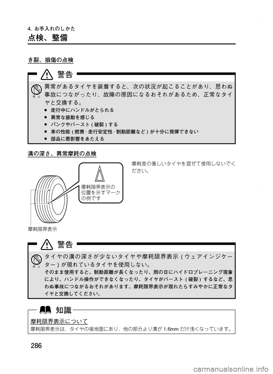 MAZDA MODEL CX-5 2012  取扱説明書 (in Japanese) 286
4.	お手入れのしかた
点検､ 整備
き裂､ 損傷の点検
異常があるタイヤを装着すると､ 次の状況が起こることがあり､ 思わぬ
事故につながった