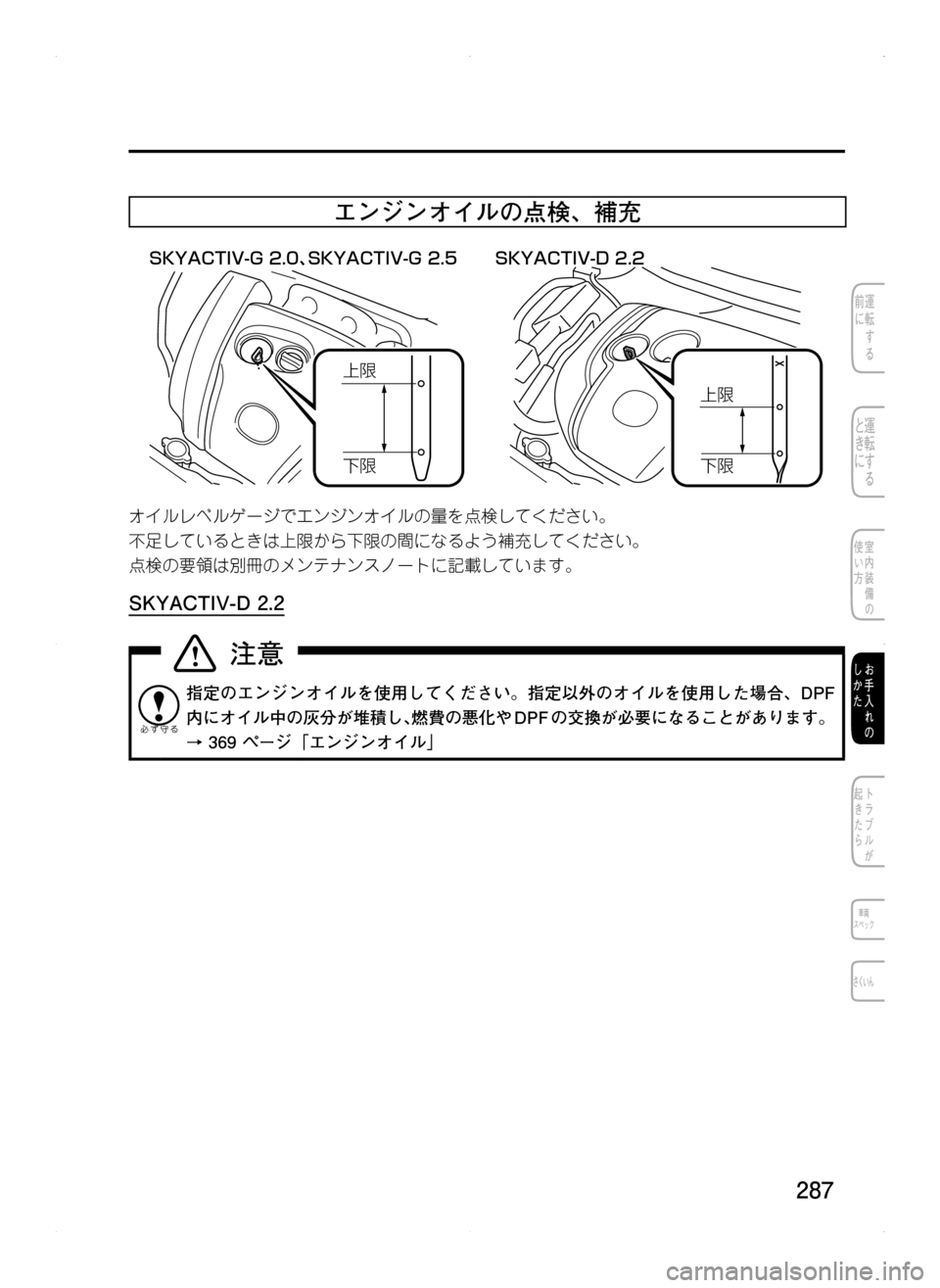 MAZDA MODEL CX-5 2012  取扱説明書 (in Japanese) 287
エンジンオイルの点検､ 補充
�4�,�:�"�$�5�*�7��(����z�4�,�:�"�$�5�*�7��(���� �4�,�:�"�$�5�*�7��%����
	Ív
<v 	Ív
<v
オイルレベルゲージでエンジンオ