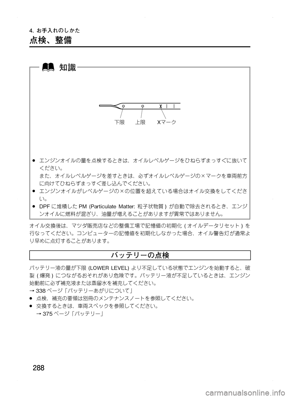 MAZDA MODEL CX-5 2012  取扱説明書 (in Japanese) 288
4.	お手入れのしかた
点検､ 整備
Xマーク
上限
下限
.●エンジンオイルの量を点検するときは､ オイルレベルゲージをひねらずまっすぐに抜いて
