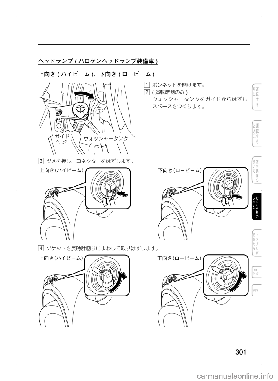 MAZDA MODEL CX-5 2012  取扱説明書 (in Japanese) 301
ヘッドランプ	( ハロゲンヘッドランプ装備車 )
上向き	( ハイビーム )､ 下向き	( ロービーム )
¨ Å¢¥¿³ß”»ï«
1.ボンネットを開けます