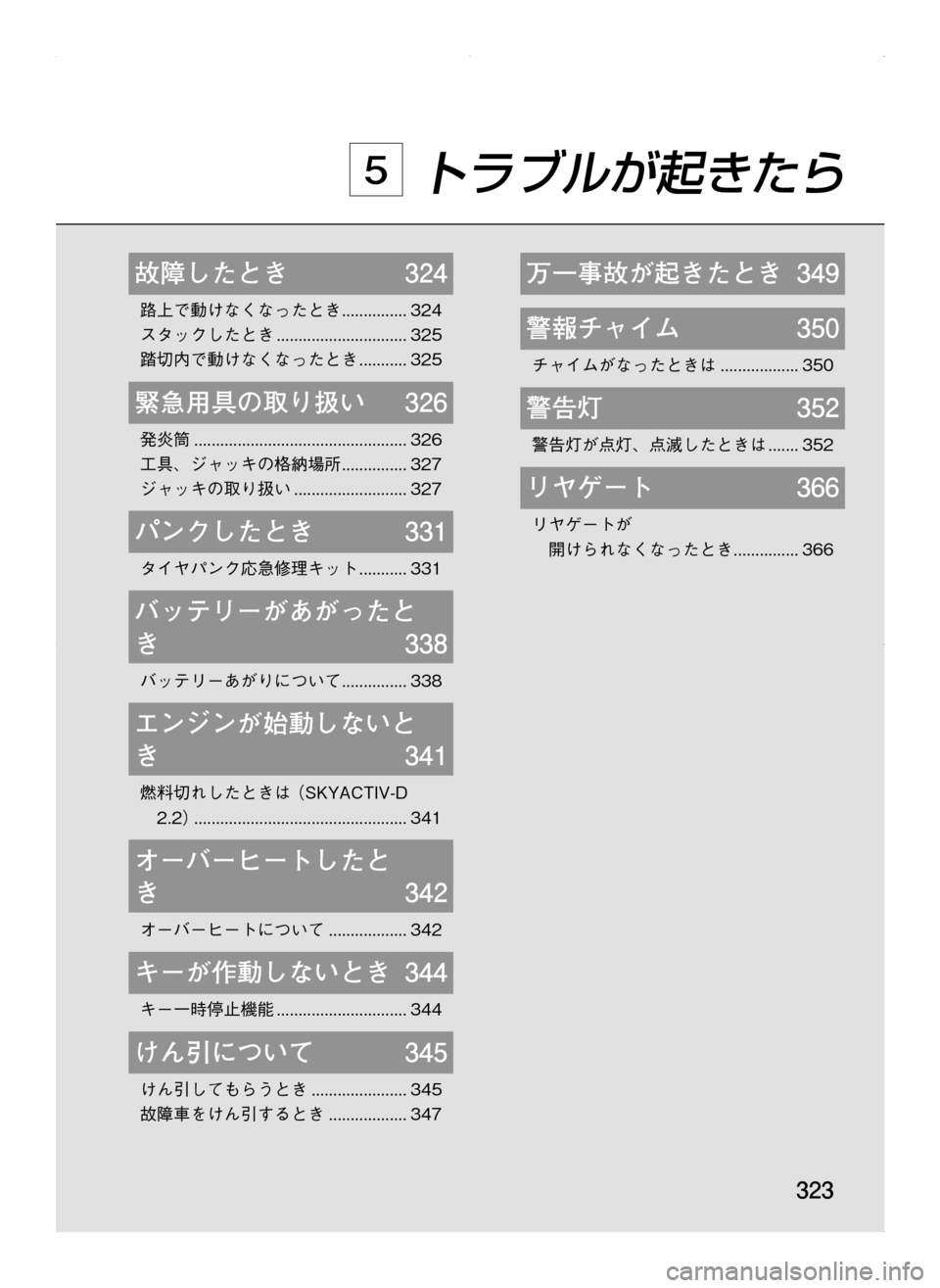 MAZDA MODEL CX-5 2012  取扱説明書 (in Japanese) 323
故障したとき	 324
路上で動けなくなったとき................324
スタックしたとき...............................325
踏切内で動けなくなったとき............325
