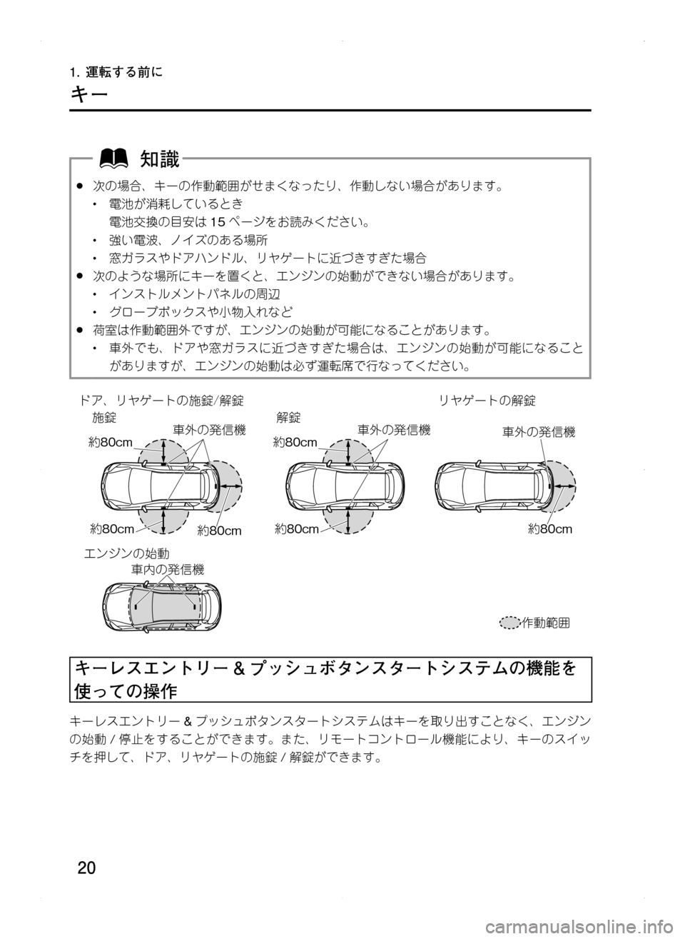 MAZDA MODEL CX-5 2012  取扱説明書 (in Japanese) 20
1.	運転する前に
キー
.●次の場合､ キーの作動範囲がせまくなったり､ 作動しない場合があります。
•.電池が消耗しているとき
電池交換の目安