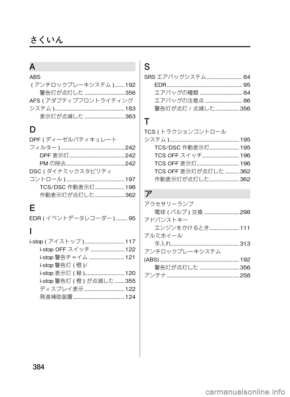 MAZDA MODEL CX-5 2012  取扱説明書 (in Japanese) 384
さくいん
A
ABS.
.(アンチロックブレーキシステム )........192
警告灯が点灯した.............................356
AFS.(アダプティブフロントライティング
シス